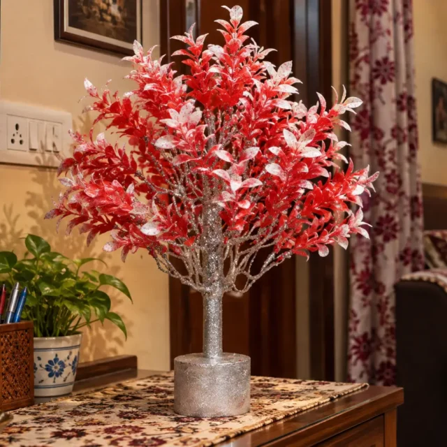 AARAYANA Raktika Luxe red and white sculpted artificial tree for premium interior decor