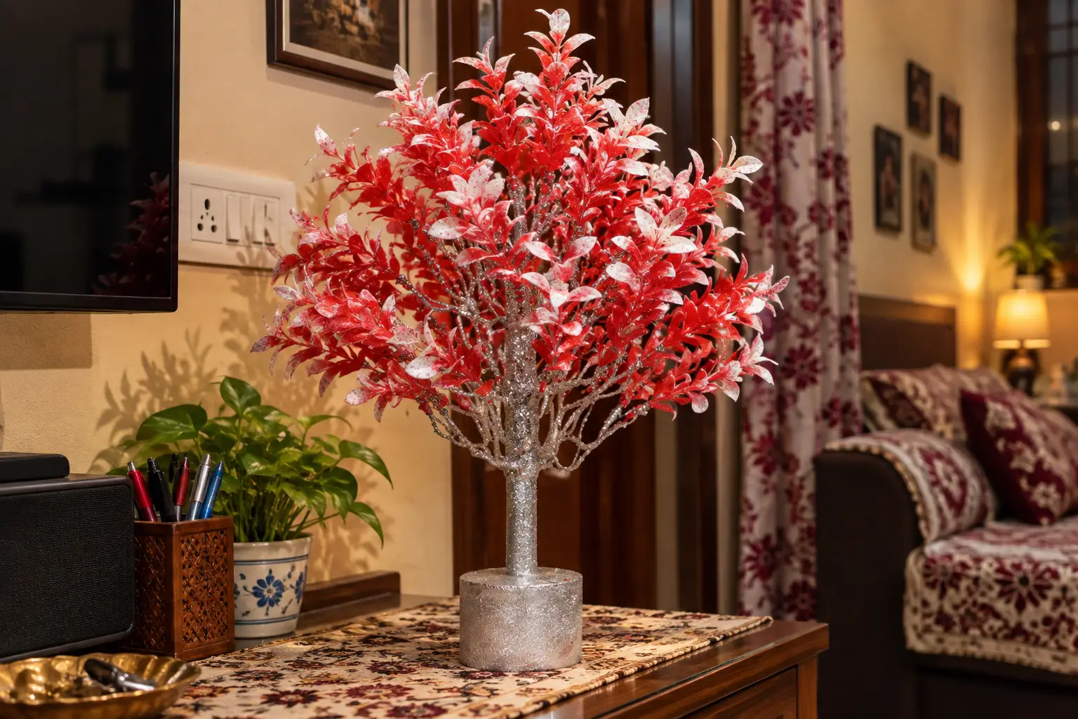 AARAYANA Raktika Luxe red and white sculpted artificial tree for premium interior decor