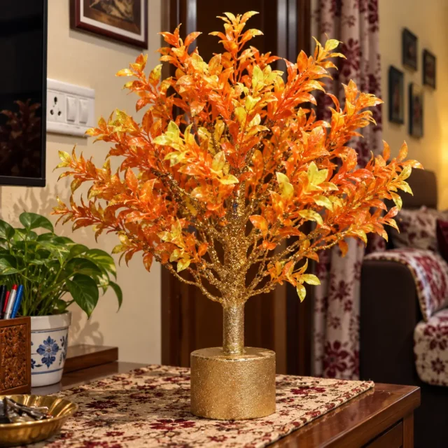 AARAYANA Agnira Luxe orange golden artificial tree with sculpted golden trunk