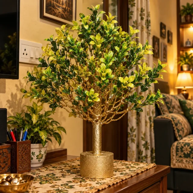 AARAYANA Suvarna Luxe golden green artificial tree with sculpted golden trunk