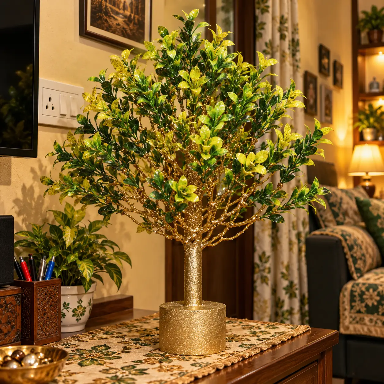 AARAYANA Suvarna Luxe golden green artificial tree with sculpted golden trunk