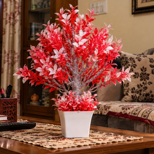 AARAYANA Vanya Rouge – Red & White Artificial Decorative Tree in Premium White Planter