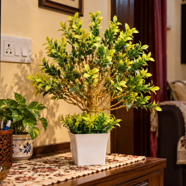 AARAYANA Vanya Verde – Green & Golden Artificial Tree in Premium White Planter