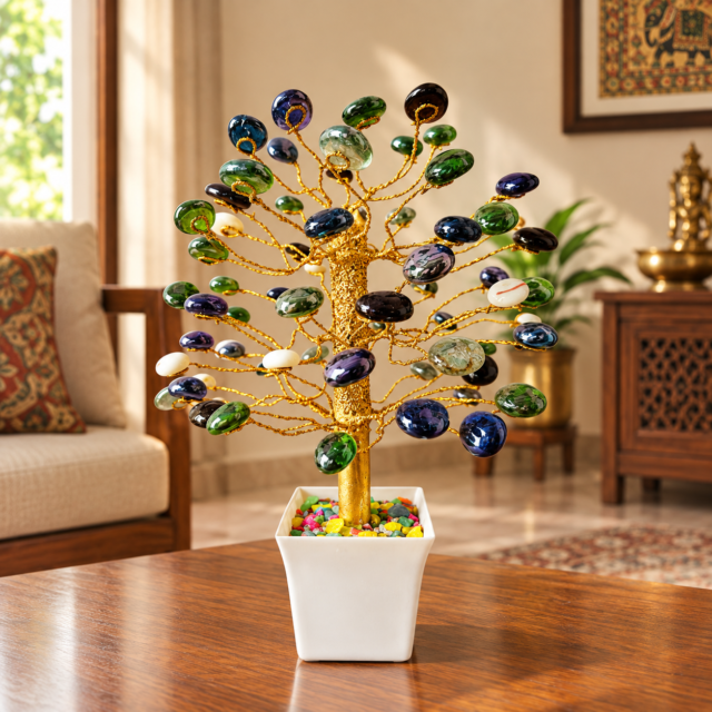 AARAYANA Crystal Fortune – Multicolor Gemstone Money Tree with Golden Trunk & White Planter