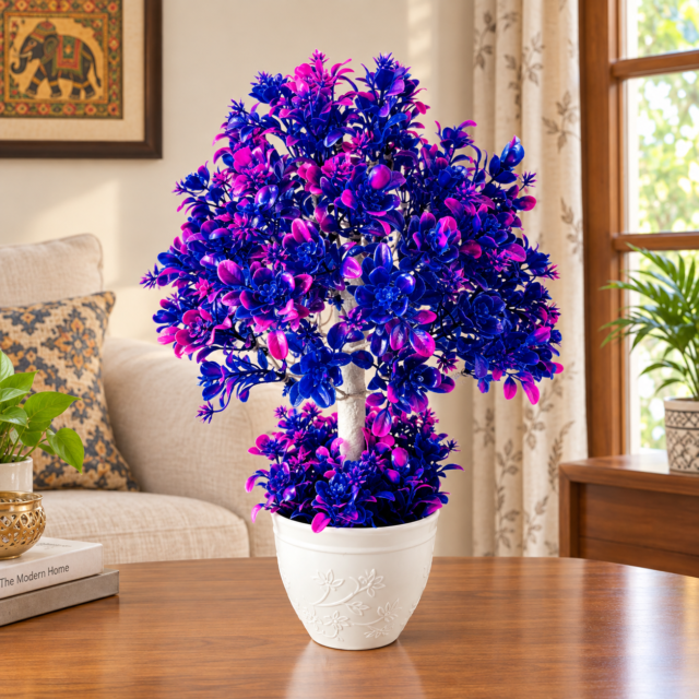 AARAYANA Vanya Royale blue and magenta artificial floral topiary in a decorative white planter