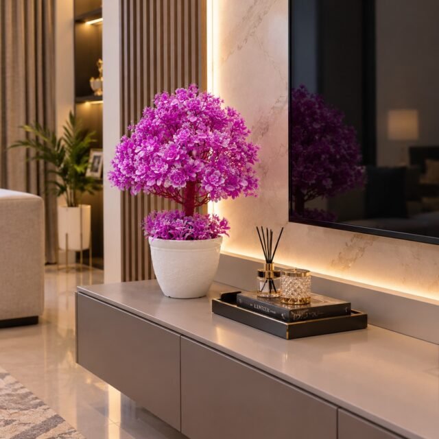 AARAYANA Vanya Amethyst – Purple Flowering Artificial Tree in Elegant White Planter